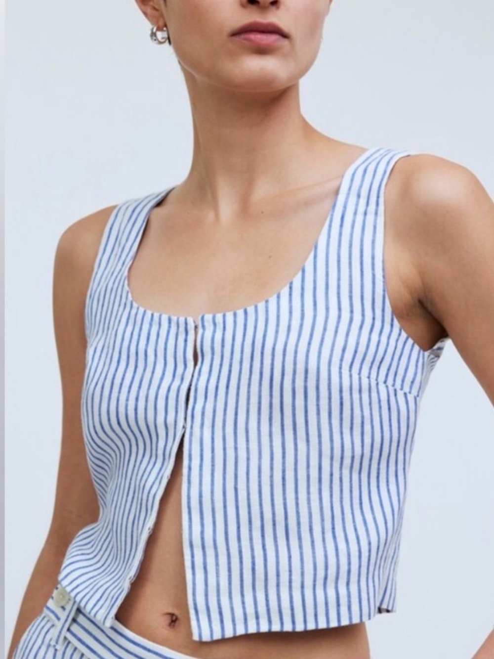 Madewell Blue & White Vertical-Stripe Sleeveless Crop Top Linen 100% NWOT S 2